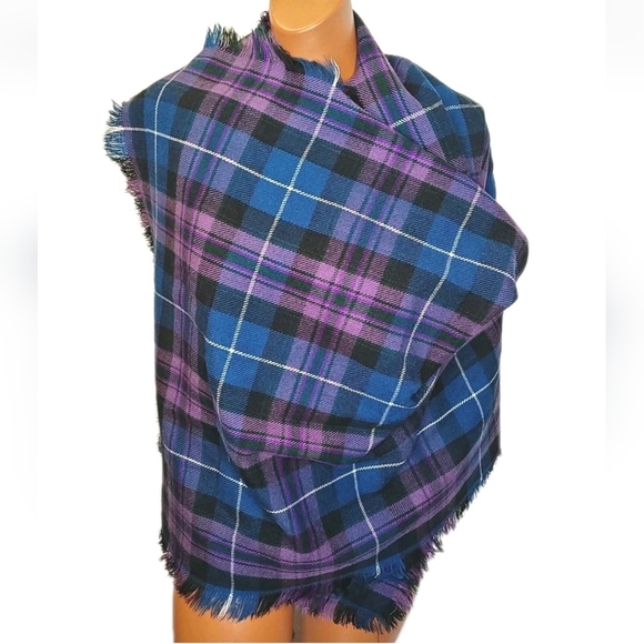 None Accessories - Fringed Blanket Wrap Scarf Purple Tartan Plaid Rectangular Sz 24/70 Preppy Boho